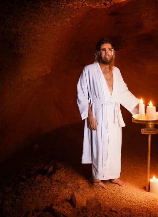 Prompt: photograph of a jewish prophet in his 3 0 s wearing a white robe, cinematic, epic framing, closeup, dslr, spiritual, candle lit cave background