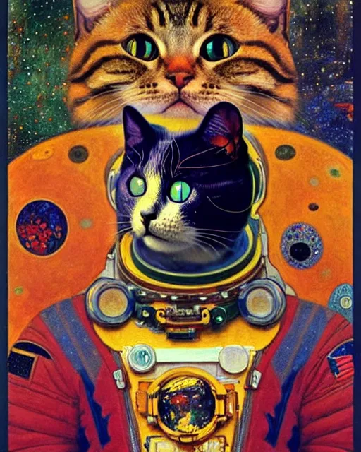 Prompt: space cosmonaut cat portrait an oil painting splashes with many colors and shapes by gustav klimt greg rutkowski and alphonse mucha, polycount, generative art, psychedelic, fractalism, glitch art