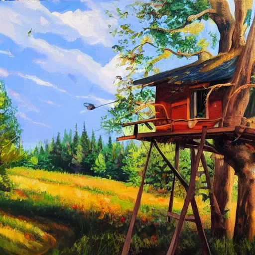 Image similar to treehouse in the countryside on a sunny day, peaceful, brush strokes, oil painting