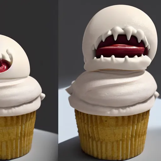 Image similar to ice cream cupcake shaped like screaming chucky doll, octane render, centered, highly detailed