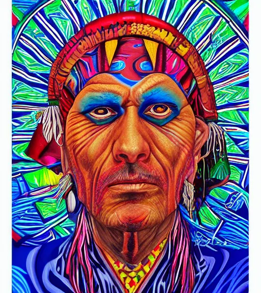 Image similar to Portrait painting in a style of Alex Grey of an old shaman dressed in a colorful traditional clothes. Psychodelic