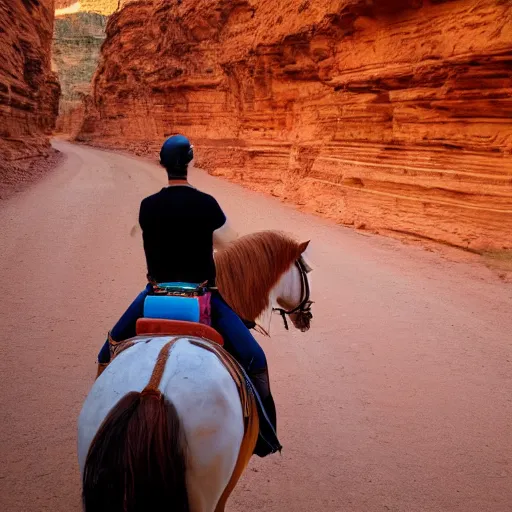 Image similar to horse spirit with lucky on his back riding next to a canyon riding into the sunset