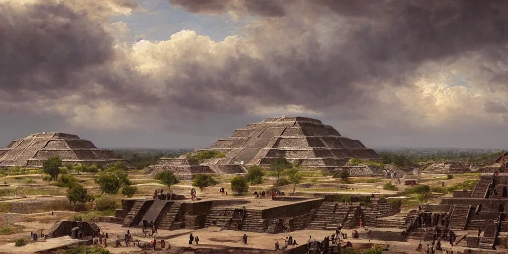 Image similar to teotihuacan cityscape by andreas achenbach, artgerm, mikko lagerstedt, zack snyder, tokujin yoshioka