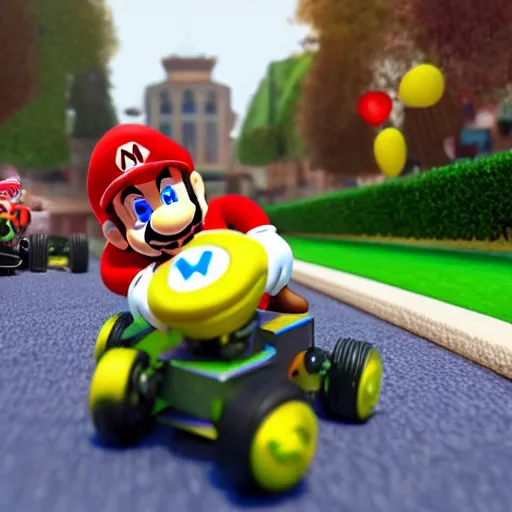 Prompt: Mario Kart in real life, photorealistic,photography,8k,HD,ultrarealistic,hyperdetalied,ArtStation,