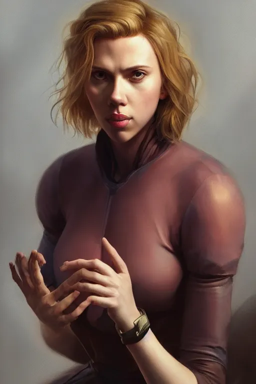 Image similar to Scarlett Johansson is talking to you POV, anatomy, only two hands, highly detailed, digital painting, artstation, concept art, smooth, sharp focus, illustration, Unreal Engine 5, 8K, art by art by artgerm and greg rutkowski and edgar maxence