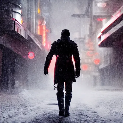 Image similar to white mecha armor Bladerunner 2049 still tall white armor walks through snowy street intimidating glowing orange emissives snowy evening moody dark lighting numerous people on the street