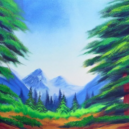 Image similar to Bob-Ross-Style-Landscape-Painting of a huge mountain and pine trees