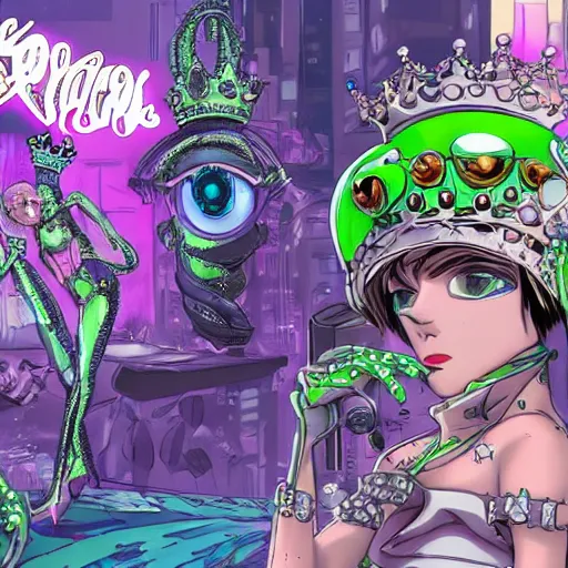 Prompt: frog with Queen's crown anime cyberpunk hyperdetailed