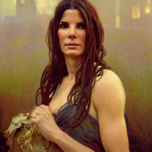 Image similar to hyperrealist portrait of sandra bullock as lady godiva. by jeremy mann and alphonse mucha, fantasy art, photo realistic, dynamic lighting, artstation, poster, volumetric lighting, very detailed faces, 4 k, award winning