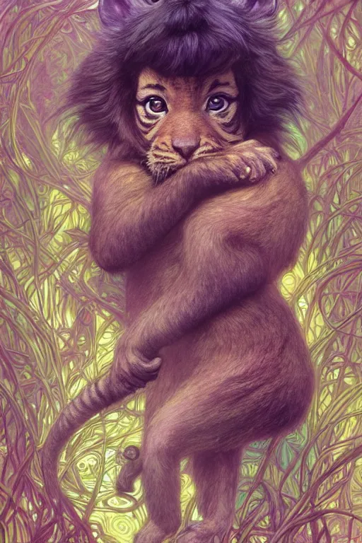 Image similar to beautiful cottagecore tiger puppy holding a little monkey, psychedelic Hair, magical forest, intricate, elegant, highly detailed, digital painting, artstation, concept art, smooth, sharp, focus, illustration, art by artgerm and greg rutkowski and alphonse mucha