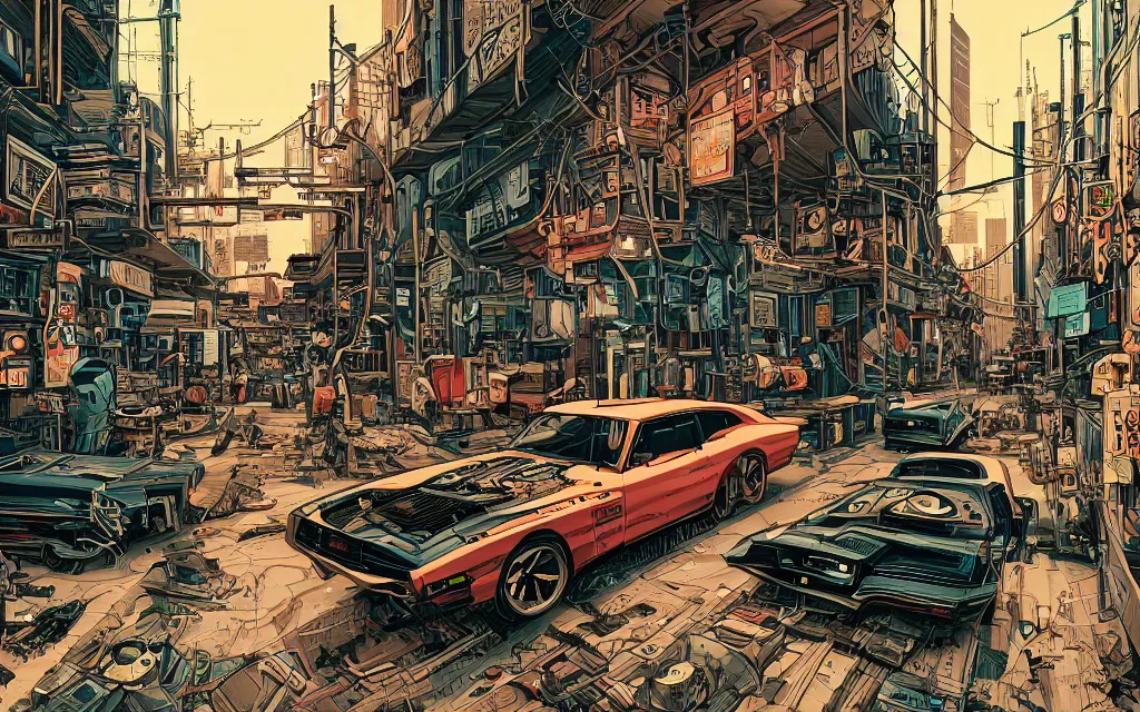 Image similar to very detailed, prophet graphic novel, ilya kuvshinov, mcbess, rutkowski, simon roy, illustration of a cyberpunk industrial alley with a muscle car, colorful, cinematic composition, studio lighting