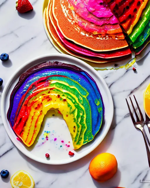 Image similar to realistic photo of delicious rainbow pancakes with fruits, whipped cream, white kitchen table, cloth, marble, highly detailed, by louise lister, sara ali, mary devinat, kailee mandel, sharp focus!!, masterpiece, award winning, elegant, instagram, high quality food photography