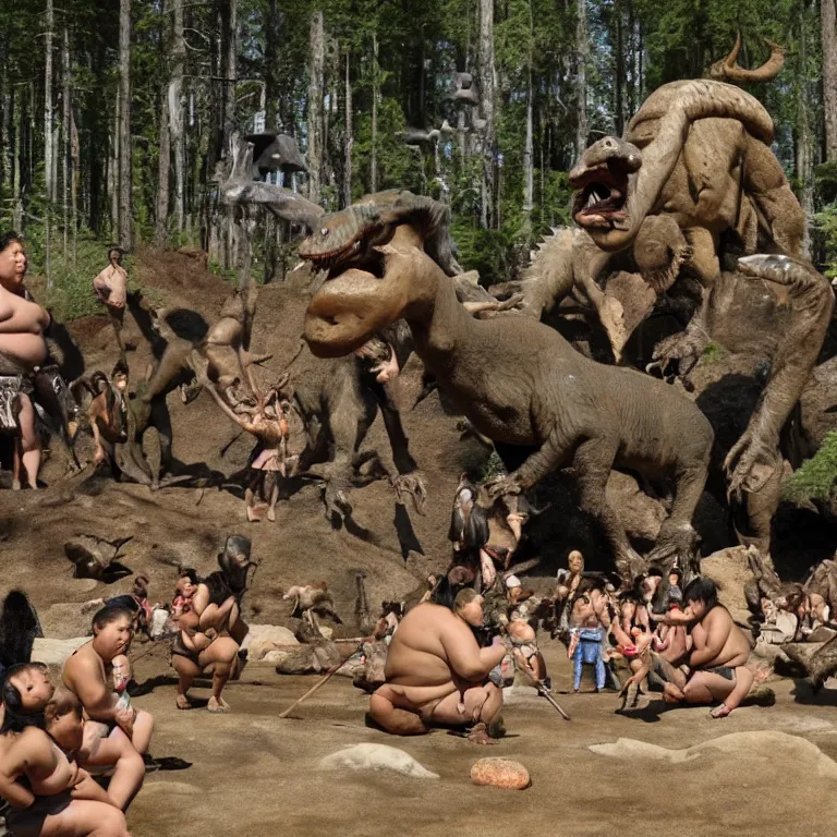 Image similar to photo, neanderthal people, first contact with sumo japanese people, eating hotdogs, surrounded by dinosaurs!, gigantic forest trees, sitting on rocks, bright moon, ice! cream! truck!