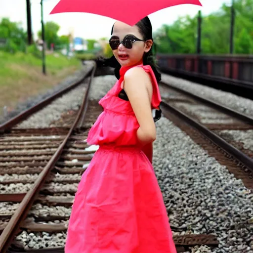 Image similar to hello kitty, wearing a watermelon dress, waiting by the train tracks