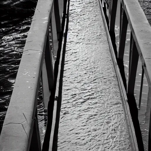 Prompt: concrete bridge held up by concrete hands over water