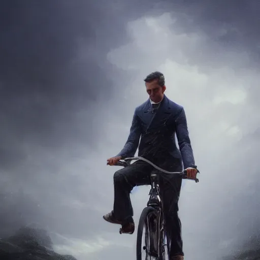 Prompt: cinematic shot epic portrait an man in a fancy suit riding a bike, rain, cloudy, broad light, ambient occlusion, volumetric light effect, made by ivan aivazovsky, peter mohrbacher, greg rutkowski, matte painting, trending on artstation, 4 k, perfectly defined features, digital painting, cinematic, epic, highly detailed,