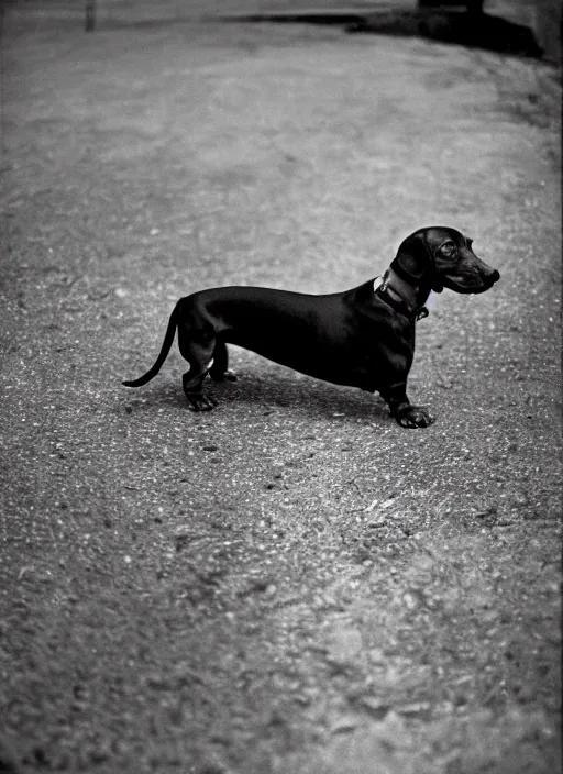 Image similar to Portrait of a dachshund struggling during the Great Depression, Leica m6, 85mm, fine-art photography, f/1.8, by Steve McCurry