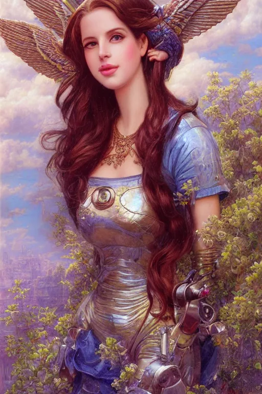 Image similar to cute shiny robot Lana Del Rey look-alike, Lilia Alvarado, Sophie Anderson, Mark Arian, Bob Byerley, Charlie Bowater, Mark Brooks, Steve Henderson, Justin Gerard, Arthur Hughes, Edward Robert Hughes, Mark Keathley, Victor Nizovtsev, Carlos Shwabe, Ross Tran, WLOP