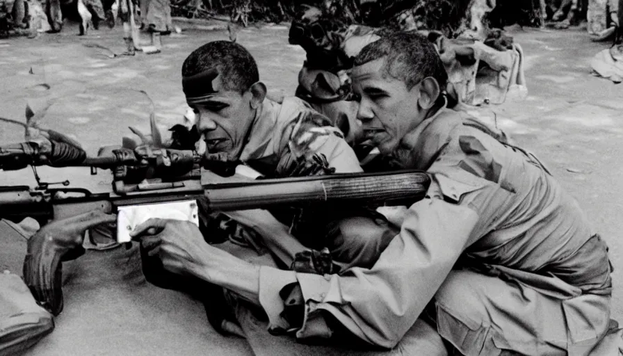 Prompt: obama fighting the war in vietnam with a rifle