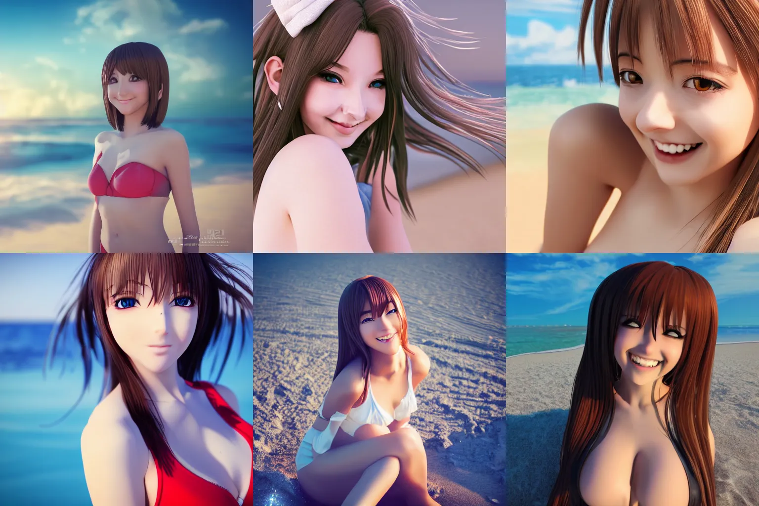 Image similar to anime girl 24yo fotoshoot on the beach gentle smile into the camera octane render