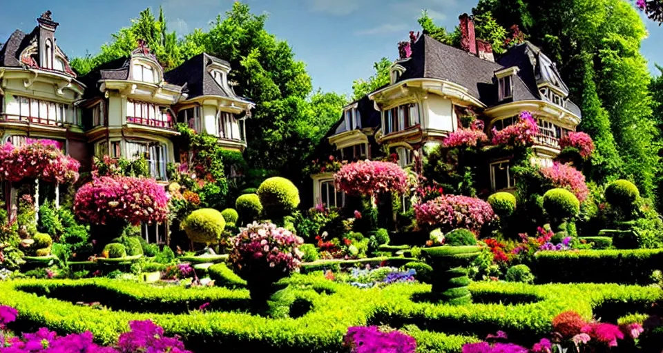 Prompt: An incredibly beautiful scene from a 2022 film featuring an art nouveau mansion flower garden.