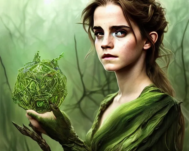 Image similar to mindblowing portrait of emma watson as a swamp witch, green colored skin, deep focus, d & d, fantasy, intricate, elegant, highly detailed, digital painting, artstation, concept art, matte, sharp, illustration, hearthstone, art by artgerm and greg rutkowski and alphonse mucha