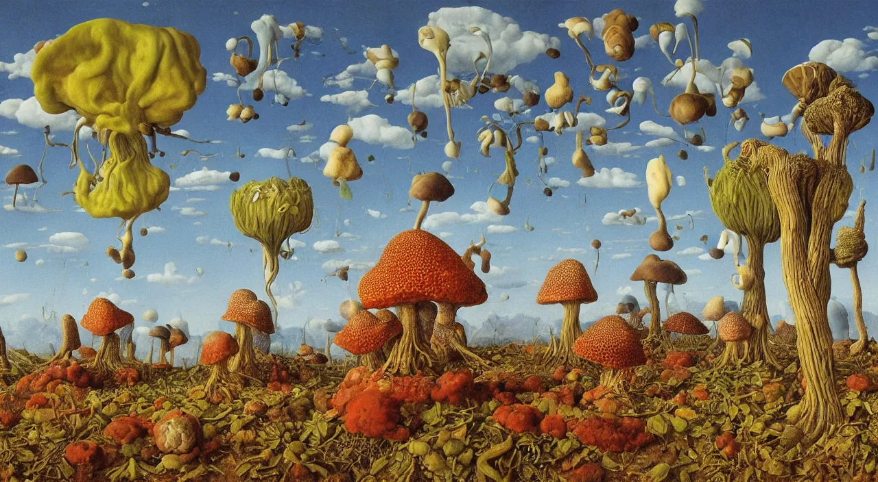 Image similar to a single surreal fungus clear! empty! sky, a high contrast!! ultradetailed photorealistic painting by jan van eyck, audubon, rene magritte, agnes pelton, max ernst, walton ford, andreas achenbach, ernst haeckel, hard lighting, masterpiece