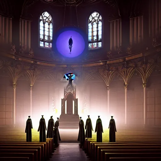 Prompt: center view photography of a group of priest in circle invoking an hyper realistic lovecraft creature portrait in a huge ritual portal in a church, 4 k, fantasy art, glamorous composition, wide - angle shot, cinematography lighting, volumetric fog, vivid colors, realistic, octane render, unreal engine