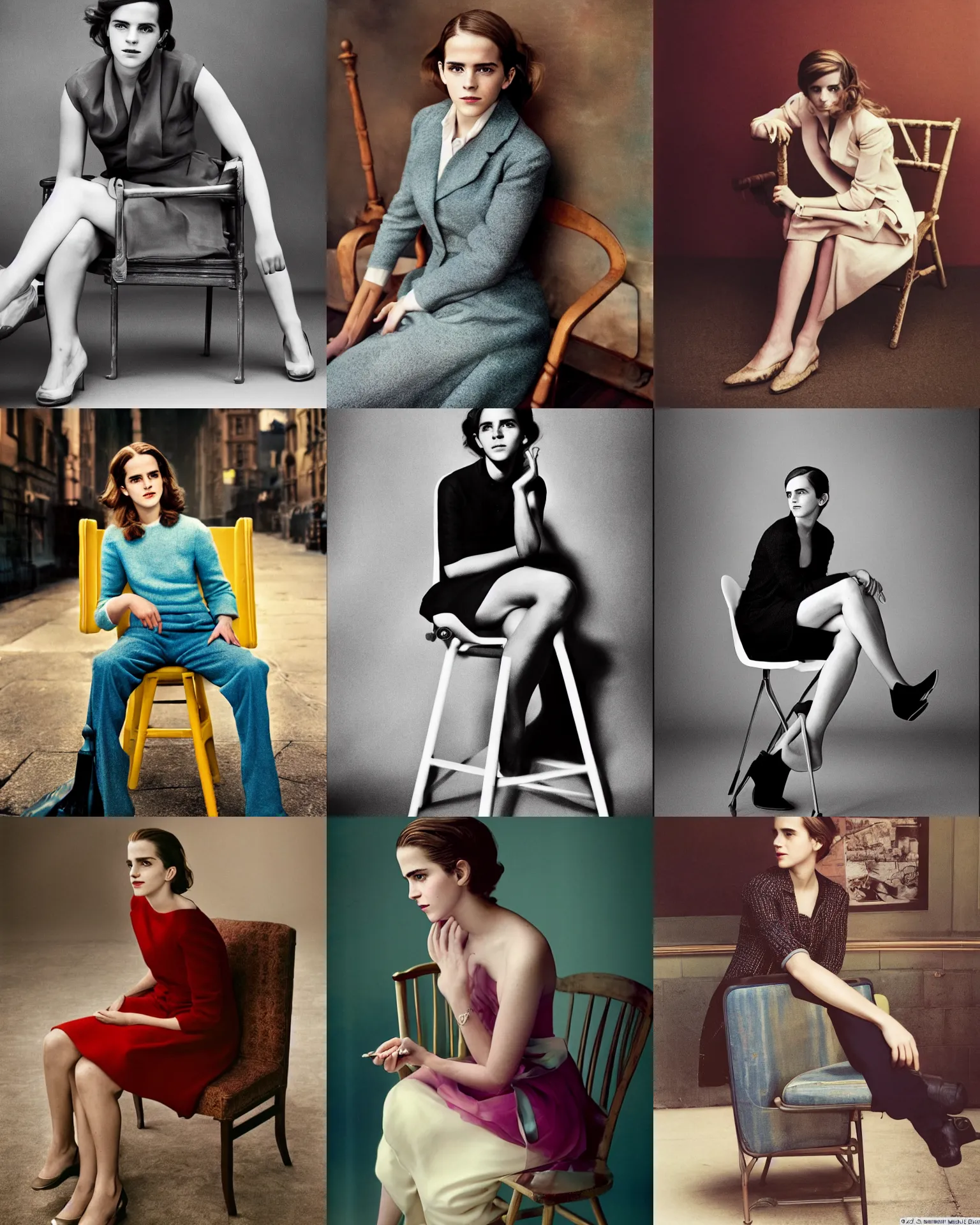 Prompt: photo taken by Annie Leibovitz, Vivian Maier for GQ, Emma Watson sitting in chair, full length shot, soft studio lighting, colorful, award-winning photograph, 24mm f/1.4