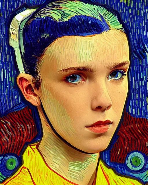 Prompt: portrait of cyberpunk millie bobby brown by vincent van gogh, digital art