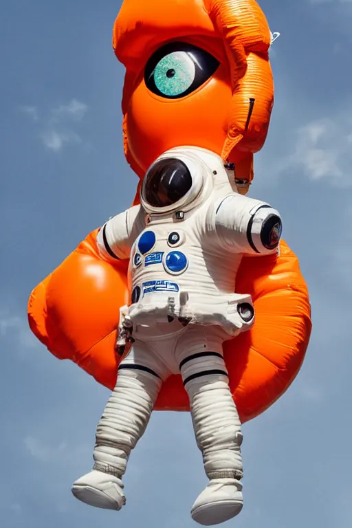Prompt: still figurine of a tall giant inflated astronaut wearing over sized orange puffy bomber jacket, googly eyes, tareme eyes, personification, dynamic pose, detailed product photo, tone mapped, beautiful composition, 8 5 mm, f 5. 8, soft lighting
