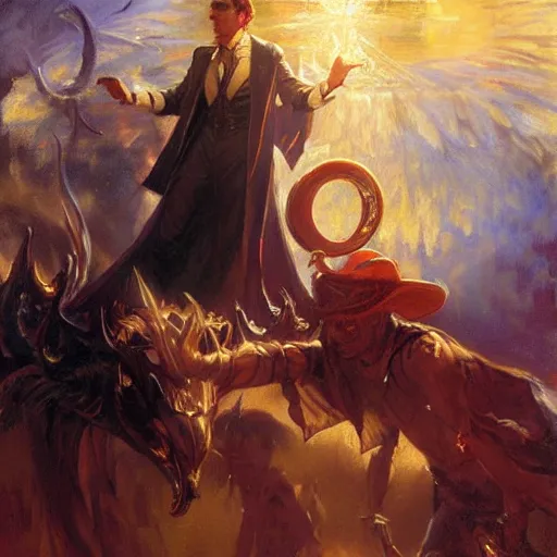 Image similar to attractive magician casts dark spell, summoning attractive lucifer morningstar. highly detailed painting by gaston bussiere, craig mullins, j. c. leyendecker 8 k