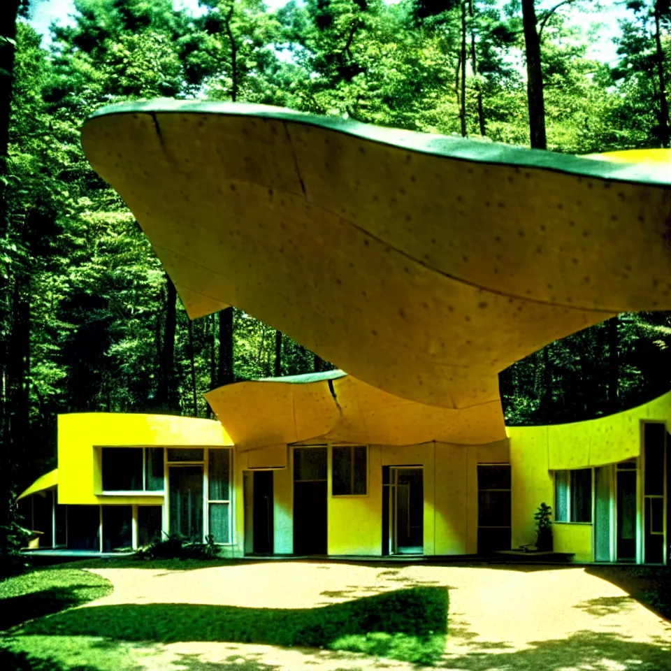 Prompt: a mid-century modern house with big tiles, from afar, in a forest, designed by Frank Gehry. Film grain, cinematic, yellow hue