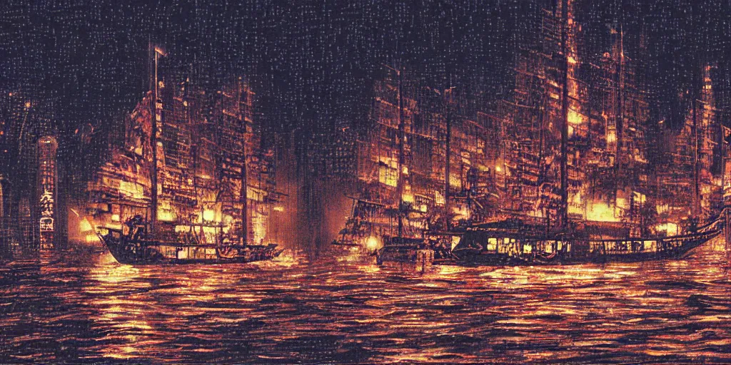 Prompt: cruiser sailing on flooded miniature kowloon city at night, raining, art by yoshitaka amano, and artgerm, pixel art