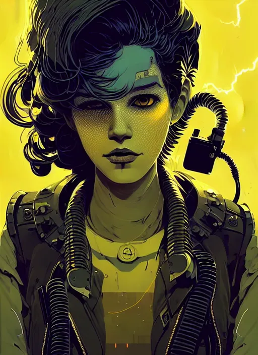 Image similar to highly detailed portrait of wasteland punk long curly bright yellow and white plasma electricity hair tribal lady, stray electric spark wiring by atey ghailan, james gilleard, by joe fenton, by greg rutkowski, by greg tocchini, by kaethe butcher, 4 k resolution, gradient yellow, black and white color scheme!!! ( ( lightning cloudy robotic dystopian city background ) )