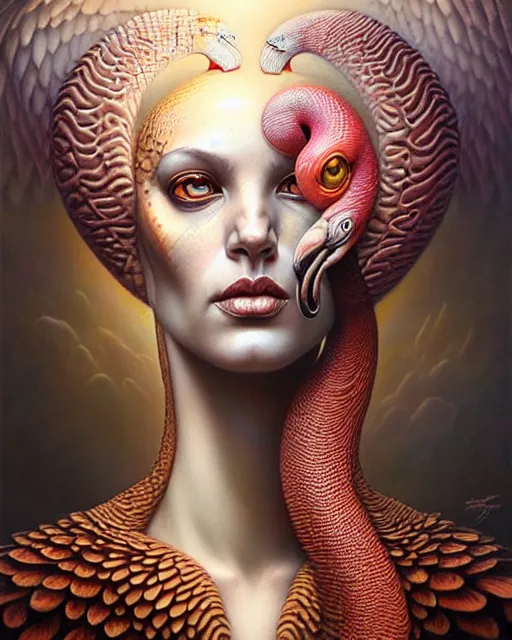 Image similar to a detailed portrait of dreampunk flamingo python hybrid mix beautiful! goddess by tomasz alen kopera and peter mohrbacher