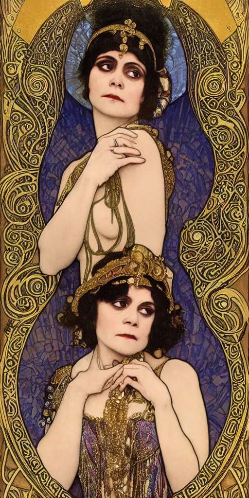 Image similar to realistic detailed dramatic Art Nouveau portrait of Theda Bara as Cleopatra wearing an elaborate jeweled gown by Alphonse Mucha and Gustav Klimt, gilded details, intricate spirals, coiled realistic serpents, Neo-Gothic, gothic, ornate medieval religious icon, long dark flowing hair