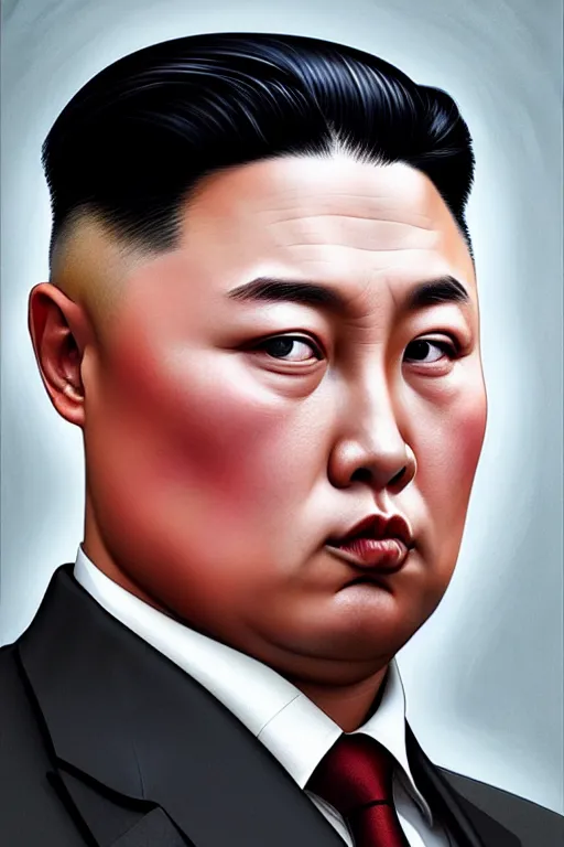 Image similar to vladimir putin with kim jong un hairstyle, realistic portrait, symmetrical, highly detailed, digital painting, artstation, concept art, smooth, sharp focus, illustration, cinematic lighting, art by artgerm and greg rutkowski and alphonse mucha