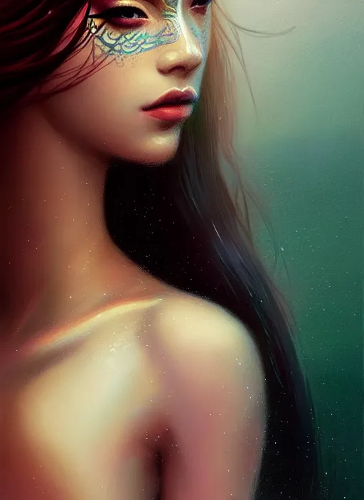 Image similar to portrait of mermaid, latina, rule of thirds, haze, intricate, anime, symmetrical!!, makeup, loreal, maybelline, sephora, trending on artstation, art by greg rutkowski and rachel suggs and artgerm, filmic, vsco, concept art, digital painting, depth of field, cg society, elegant, model