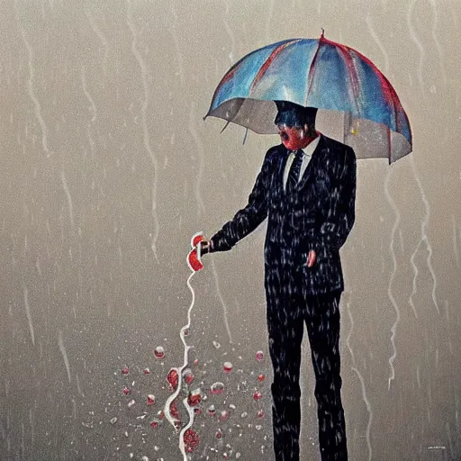 Prompt: a surrealist painting of a mentos man in a rainstorm of coca cola