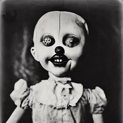 Image similar to clown ventriloquist doll smiling, ventriloquist dummy, photo, surrealistic, creepy, dark, epic, cinematic, style of atget, detailed