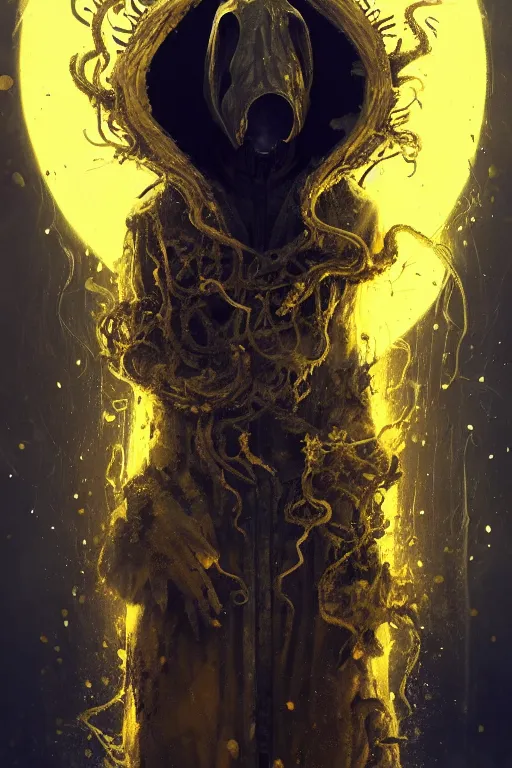 Image similar to A full body portrait of a mysterious character with no face with a very long hooded yellow cloak, a golden crown floating above his head tentacles coming out the ground art by Maciej Kuciara and Jason Chan, ominous, cosmic horror, trending on artstation, Ultra detailed, hyper realistic 4k