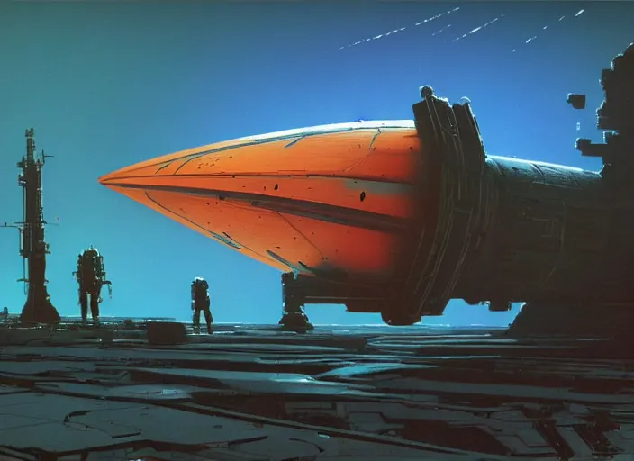 Prompt: a huge vividly - coloured spacecraft in an empty landscape by martin deschambault, dean ellis, peter elson, josan gonzalez, david a hardy, john harris, wadim kashin, angus mckie, bruce pennington, retro 1 9 8 0 s sci - fi art