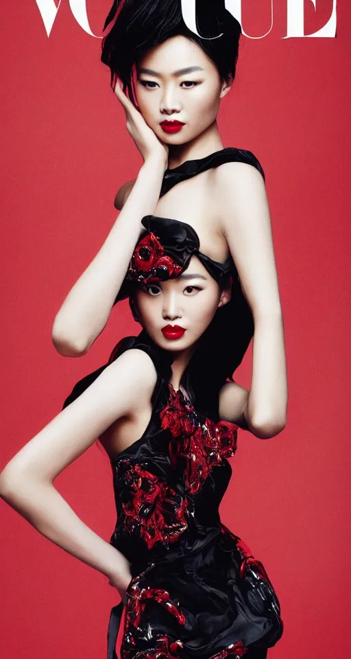 Image similar to vogue magazine fashion model portrait asian woman, black and red, elegant