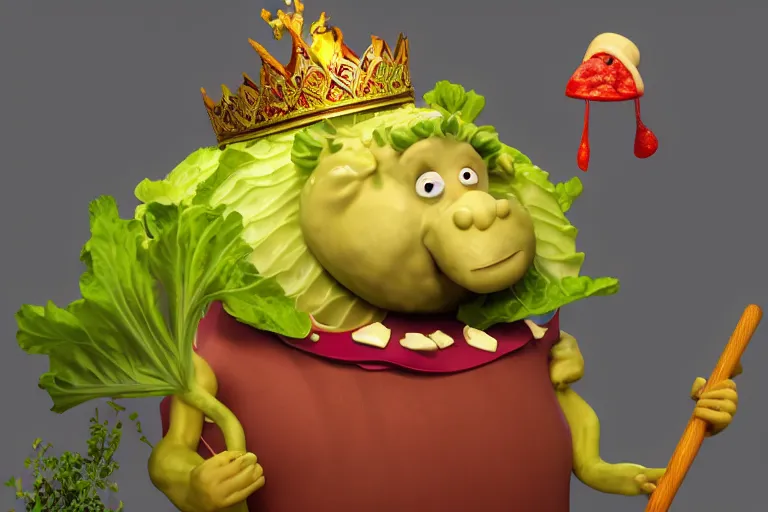 Prompt: cabbage character, king, wearing golden crown, pizza, wood fired oven, cooking pizza, high heat, walrus waving in background, highly detailed 3 d render, artstation, surrealism, pixar