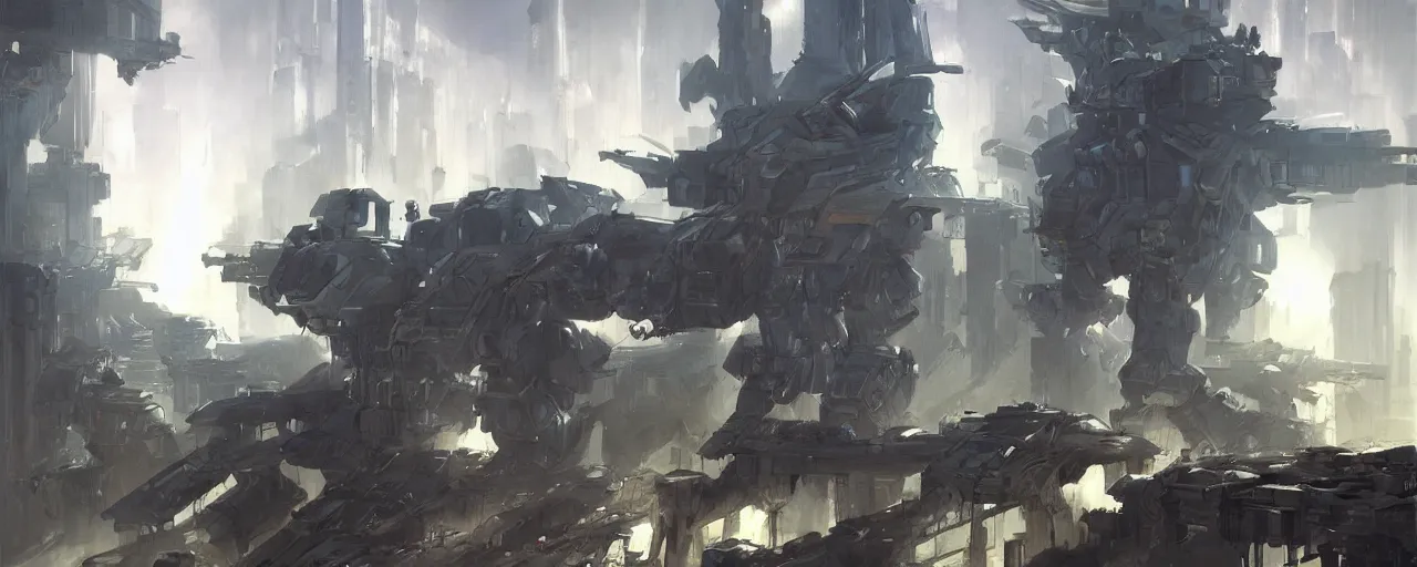 Prompt: armored core mechas battle between gigantic concrete buildings, concept art by theo prins, volumetric light, smoke