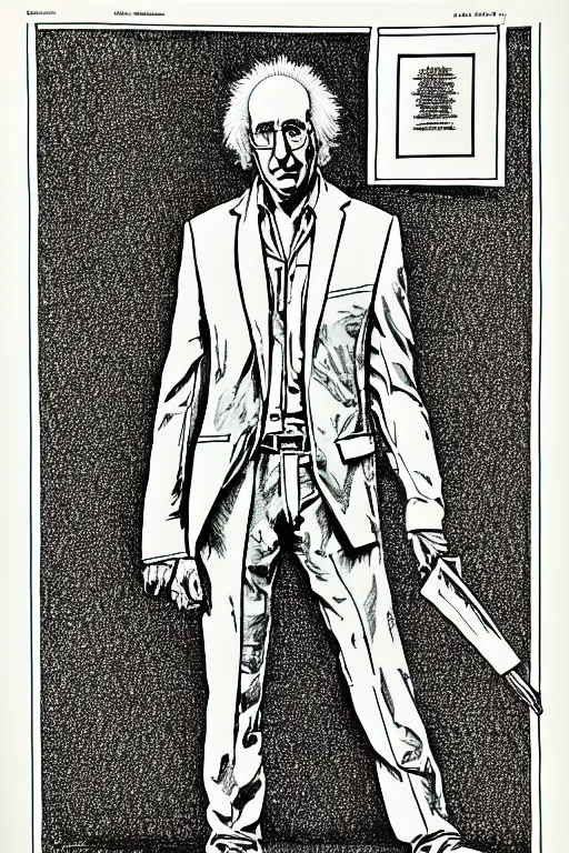 Prompt: larry david as god, full body, pen - and - ink illustration, etching, by russ nicholson, david a trampier, larry elmore, 1 9 8 1, hq scan, intricate details, stylized border