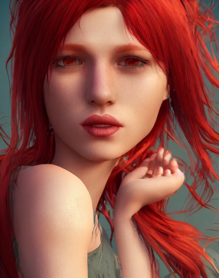 Image similar to girl portrait. red hair, green eyes. intricate artwork. octane render, trending on artstation, very coherent symmetrical artwork. cinematic, hyper realism, high detail, octane render, 8k, matte painting, 3d