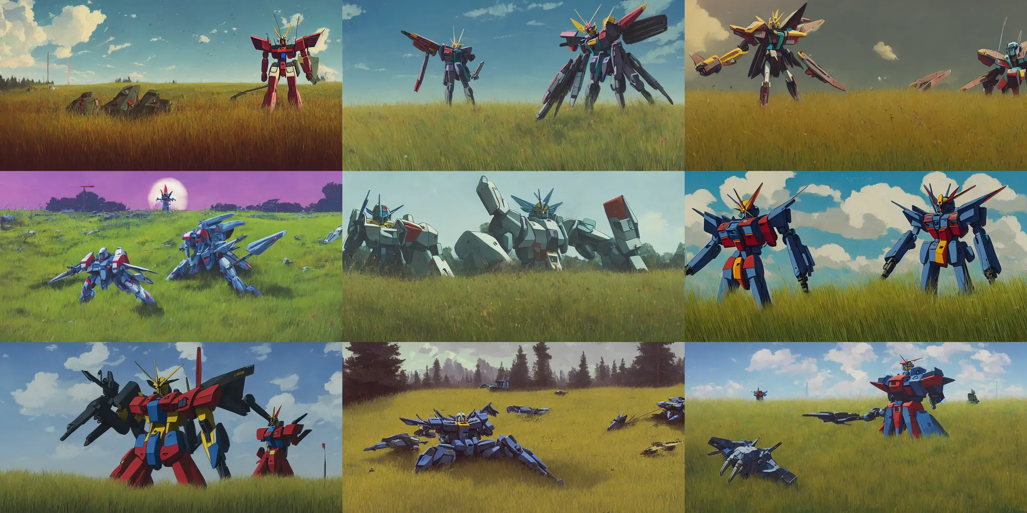 Prompt: a gundam buried in high grass by simon stalenhag