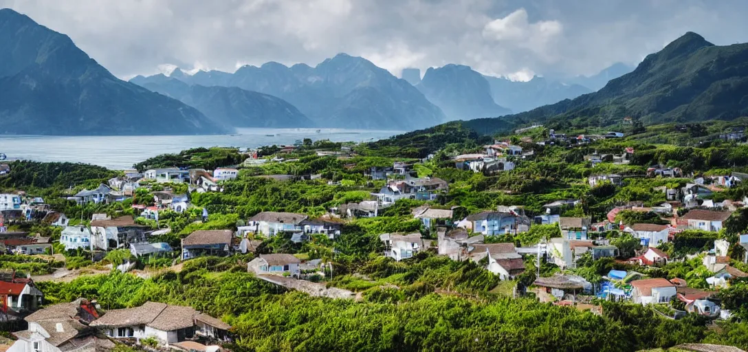 Prompt: the landscape of a beautiful coastal village with mountains in the background, in summer, award-winning photography